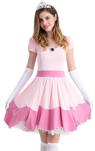 FStory&Winyee Abito da principessa Peach per donna Abito cosplay color pesca con guanti Corona Set di abiti per travestimenti Halloween Carnevale Feste a tema Regalo, Rosa, L