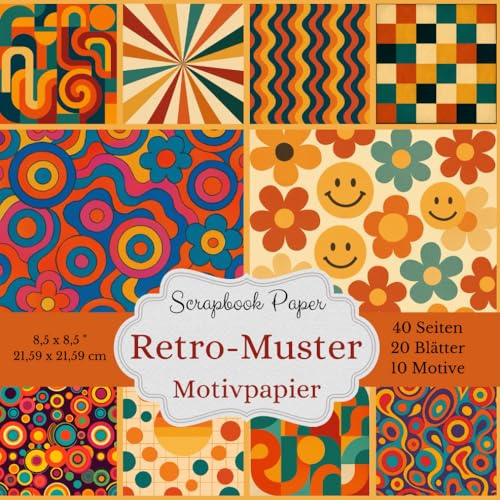 Scrapbook Papier Kollektion - Retro-Muster: Hippie und 70er Jahre Stil Motivpapier, Quadratisch, 21,59 x 21,59 cm als Hintergrund & zum Ausschneiden für Vintage Deko, Junk Journals & Themencollagen