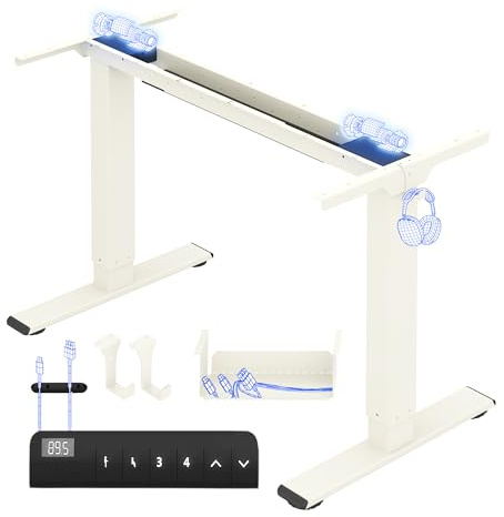 FLEXISPOT Struttura da scrivania regolabile in altezza, gambe da tavolo elettriche con 2 motori e indicatore di altezza LED e 4 funzioni di memoria, con 2 ganci e gestione dei cavi, bianco mousse