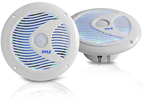 6.5 Inch Dual Marine Speakers - IP44 Waterproof and Weather Resistant Outdoor Audio Stereo Sound System with Built-in Led Lights, 150 Watt Power and Polypropylene Cone - 1 Pair - PLMR6LEW (White)