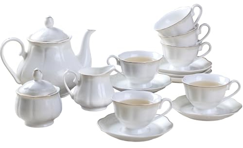 GuangYang 15-pcs Porcelain Tea sets for Adults, Off White Embossed Pattern with Gold Trim (A set Included 1 Teapot, 1 Sugar Bowl, 1 Cream Pitcher, 6 Cups and 6 Saucers)