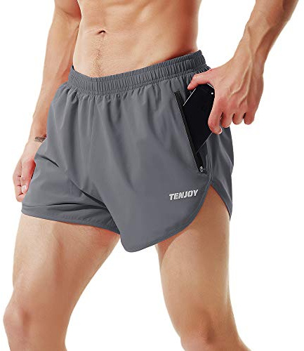 TENJOY Short de course pour hommes, short de sport, 7,6 cm, avec poche zippée, gris foncé, Taille S