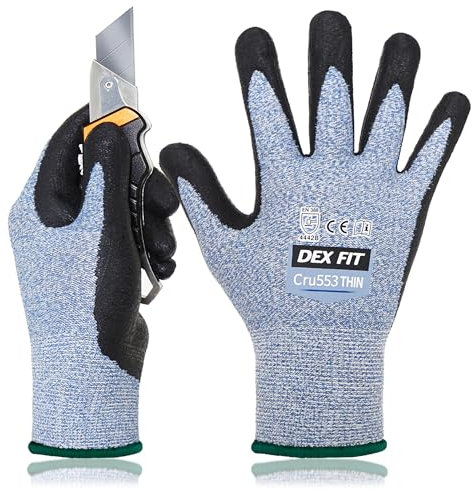DEX FIT 15 Gauge Level 4 Dünne Schnittschutzhandschuhe Cru553; Fester Griff, 3D-Komfort-Passform, Leicht und Langlebig, Touchscreen-Kompatibel für Präzise Arbeiten, Waschbar; Blau M (8) 1 Paar
