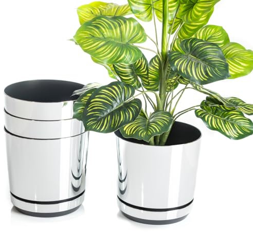 KORAD Conjunto de 4 macetas con Plato de 16 cm de diámetro, Modelo 016 - Plata Brillante; Moderno, Alto Brillo, Estilo clásico, rústico, Loft, para Plantas, Hierbas, Flores y composiciones Vegetales.