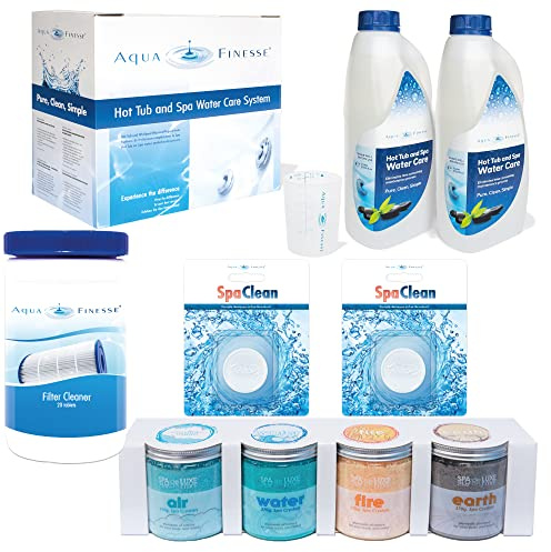 PoolSpezi Aquafinesse Kit complet économie incluant Filtercleaner 2 x Spa Clean Puk et sels de bain pour l'entretien de l'eau de spa et bain à remous (avec granulés de chlore)