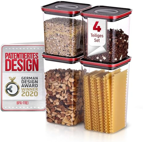 Neoflam® Vorratsdosen mit Deckel Luftdicht, Vorratsorganizer 4er Set BPA-frei, Vorratsbehälter mit Einhanddrehverschluss, Frischhaltedosen für Lebensmittelaufbewahrung, Deckel schwarz, 2x1.35L, 2x2.1L