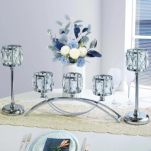 KEHAIL 3 Arms Crystal Candle Holders, Arch Candlestick Table Candelabras Centerpieces for Wedding, Dinning Room, Cabinet Ornaments, Home Decoration， Gift (3-arm Arched Set, Silver)