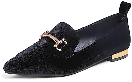 Feversole Loafer Flat Pointed Fashion Platt spets, platta skor, klassiska ballerinaskor profilsula, Svart sammet, 41 EU