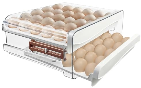 Wensdr Organiseur de tiroir pour 60 œufs pour réfrigérateur, 2 couches transparentes, plateau de rangement empilable pour œufs avec échelle de temps