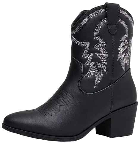 ANUFER Donna Metà Polpaccio Stivali da Cowboy Ricamato Tacco a Blocchi Cerniera Laterale Scarpe Occidentali SN079163D Nero EU44