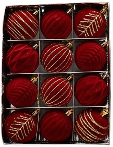 Lot de 12 boules floquées velours vintage rouge or décoration sapin de Noël floqué bordeaux, grandes boules décoratives incassables à suspendre pour guirlandes de Noël