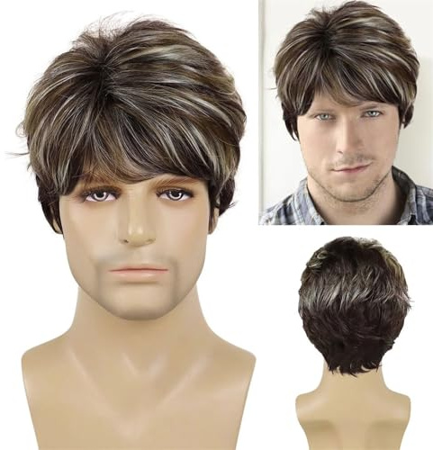 Tupé para hombre Peluca de fiesta de Cosplay resistente al calor Natural, peluca sintética for hombre, peluca corta y rizada de pelo gris mezclado negro for regalo de padre masculino Tupé para hombre(