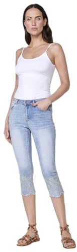 Koroshi Pantalone Jeans Capri Elastico con Doppio Push Up e Ricamo Floreale in Blu da Donna, Colore Blu CL, blu, 40