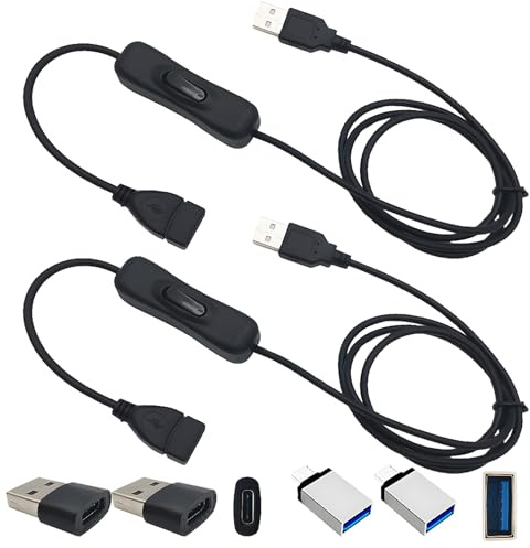 CESFONJER USB-förlängningskabel 1 m – På/av-knapp, dubbel USB-C- och adapterset (2-pack), ström- och datakabel för LED/PC/telefon/alla USB-C-enheter