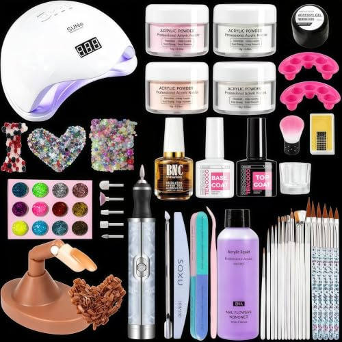Acrylic Powder Acrylic Nail Kit: 4 Colors Nude Pink Transparent White - UV Lamps with Practice Hand Nail Practice Kit for Nail Art Enthusiasts - Electric Nail File Acrylic Nail Remover