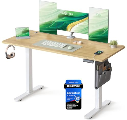 SONGMICS Scrivania Regolabile in Altezza Elettrica, 140 x 60 cm, Scrivania Elettrica, Tavolo con Memoria per 4 Altezze, Porta USB-C, Rovere Dorato LSD134YA01
