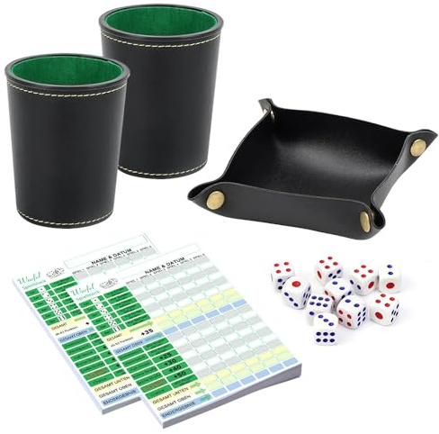 YANGUN Set di 2 bicchieri a cubo in pelle, con 10 cubi, blocco a cricchetto, gioco interattivo per serate in famiglia, viaggi, feste, giochi di dadi
