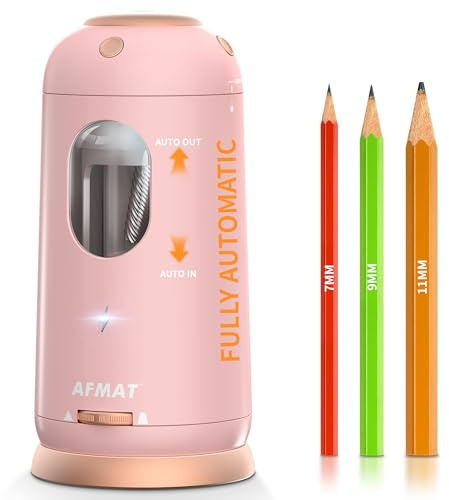AFMAT Fully Automatic Pencil Sharpener, Rechargeable Electric Pencil Sharpeners with Container for 7-11.5mm Jumbo Pencils, Ringdots Desk Pencil Sharpener for Artist Kids Teacher, Pink, PSC8
