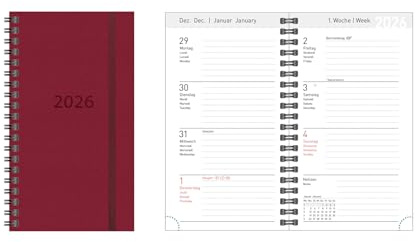 Idena 12056 – fickkalender 2026 i formatet 8,7 x 15,3 cm, 1 vecka på 2 sidor, möteskalender med hårt omslag i rött och spiralbindning