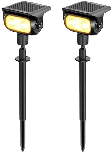 MEEKBOS Faretti Solari LED da Giardino, 2 Pezzi, 200 lm 3000K Luce Calda con Sensore Crepuscolare, IP65 Impermeabili Lampada Solare con Picchetto per Esterno,Giardino, Prato e Vialetti