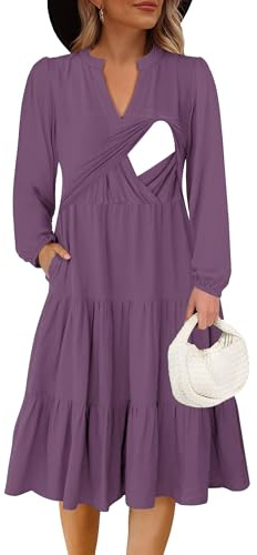 CzzzyL Womens Maternity Nursing Summer Casual Midi Dress Ruffle Long Sleeve V Neck Sundress 2025 Fashion Flowy Tiered Boho Beach with Pockets(Purple,Large)