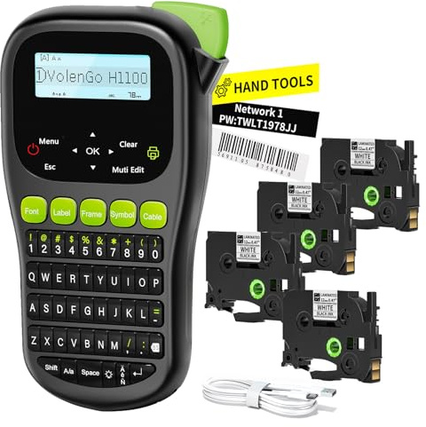 VolenGo Label Maker Machine with 4 Tapes, Wire Label Maker Waterproof-Labels, Laminated Handheld Label Printer, Backlit & Portable & 3 Cable Modes, H1100 Labeler for Industrial Office Organization