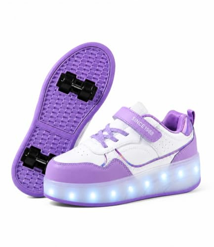 Fansu Zapatos con Ruedas y LED Luces para Niños y Niñas, Zapatillas con Ruedas con USB, Morado Zapatillas de Skateboard con 4 Retráctil Wheels para Cumpleaños, Navidad