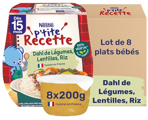 Nestlé - P'tite Recette Dahl de Légumes, Lentilles, Riz - Repas Bébé 15 Mois et + - Alimentation Bébé Complète - 100 % Végétal - Cuisine du Monde - Fabriqué dans les Vosges - 2x200g