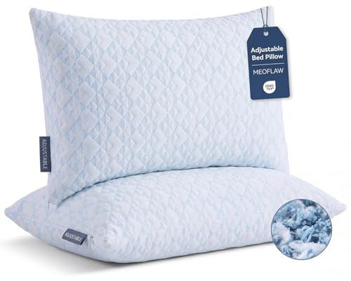 Meoflaw Adjustable Memory Foam Bed Pillows:Queen Size Shredded Foam Pillow Set of 2 for Sleeping with Removable & Washable Pillowcase for Back,Side & Stoamch Sleeper-Medium Firm
