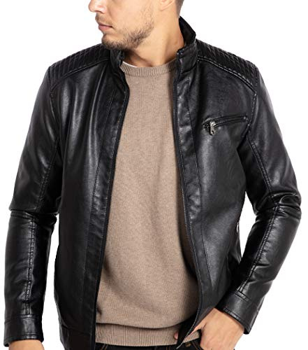 WULFUL Men's Stand Collar Leather Jacket Motorcycle Lightweight Faux Leather Outwear