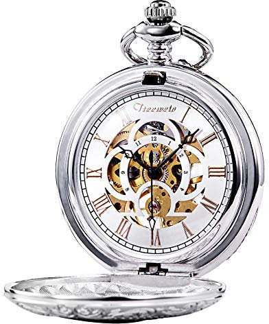 TREEWETO Unisex Taschenuhr mit Kette Analog Handaufzug Antik Graviert Römische Silber