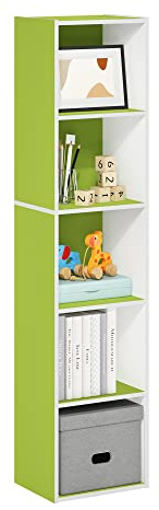 Furinno PASIR Book Shelf, 5-Tier Modern Bookshelf, Open Shelves Bookcase 9 x 12 x 52, for Living Room, Bedroom, Home Office, Green/White