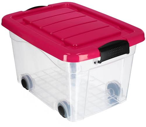 KADAX Kunststoffbehälter mit Rollen 20L, Grau Aufbewahrungsbox aus Kunststoff, Organizer mit Deckel, Clipbox für Spielzeug, Aufbewahrungsbehälter mit Klickverschluss