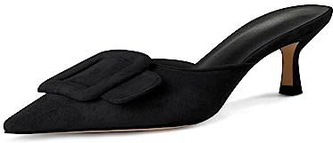 Volrina Kitten Heel Mules Sandals for Women Pointed Toe Square Buckle Backless Slip on Suede Stiletto Dress Heeled Sandals Wedding Party Shoes, Black, 5.5 UK