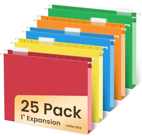 SUNEE Hanging File Folders Extra Capacity Assorted Colors, 25 Pack Letter Size File Folders with 1/5-cut Tabs, Heavy Duty 1 Inch Expansion, Stay Organized for Your Home and Office Bulk File
