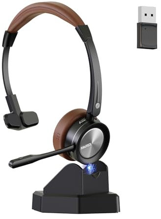 Mairdi Wireless Headset mit Mikrofon Noise Canceling, Mono Bluetooth Headset mit Ladestation, kabelloses Kopfhörer mit USB Bluetooth Adapter für Handy PC Laptop Call-Center Büro Zoom Team Skype Chat