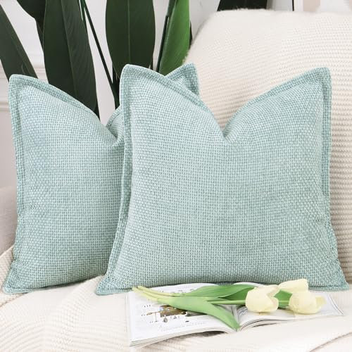 Madizz 2er Set Chenille Samt mit Rand Kissenbezüge Weiche Dekorativ Zierkissenbezüge Modern Kissenhülle für Sofa Wohnzimmer Schlafzimmer Aquagrün 40x40 cm
