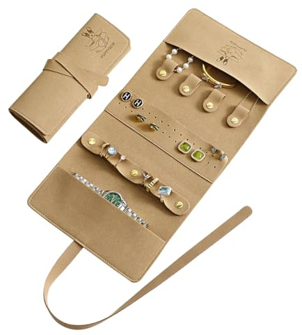 PUPPYSEW Microfiber Travel Jewelry Storage Roll Jewelry Storage Bag Jewelry Roll Suitable for daily and travel use, large capacity, light and easy to carry (Khaki)