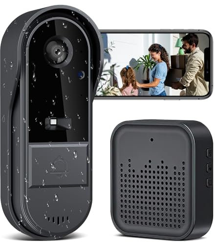 Sonnette sans Fil avec Caméra,1080P WiFi Sonnette Étanche, Batterie Visiophone sans Fil avec Carillon, Audio Bidirectionnel, Vision Nocturne Infrarouge, Détection Humaine PIR (B)