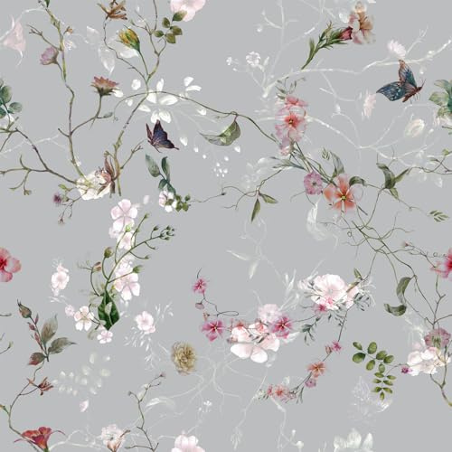 VEELIKE Blomma Tapet Vintage Fototapet Blommor Fjäril Mönster Grå Barnrum Badrum Möbelfolie Självhäftande Folie 44,5 cm x 300 cm