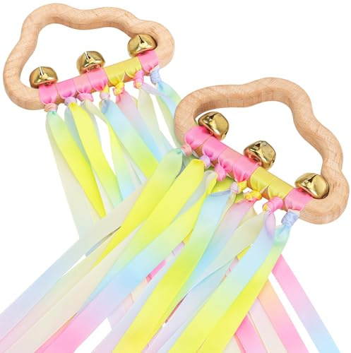 YELUFT Baby Rattle Sensory Toys with Wooden Ring & Rainbow Ribbon - 2PCS | Montessori Wood Rattles Ring Bells Toy for Baby 0-12 Months as Newborn Toddler Baby Shower Gifts - Yellow & Pink