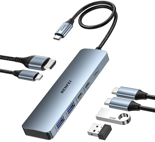 BENFEI HUB USB C HDMI 4K@60Hz avec 10Gbps USB-A USB-C, PD100W, Adaptateur USB C vers HDMI USB 3.2 Compatible avec iPhone 16 Plus Pro Max 15 MacBook iPad Pro Air Surface Galaxy S24 Steam Deck