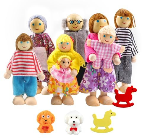 Getyjoe 12 PCS Puppenhaus Puppen Holz Familienpuppen Spielset Biegepuppen Figuren mit Hund und Schaukelpferd Puppenhaus Familie für Puppenhäuser Puppenfamilien Mitglieder Spielzeug Geschenk