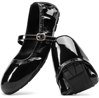 DREAM PAIRS Ballerines Femme Mary Jane Pliables Bout Carré Chaussures Plates Confortables pour Voyage et Usage Quotidien,Size 39,Noir-Pat,DWUMFA2534