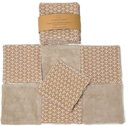 Toallitas desmaquillantes lavables de bambú, discos reutilizables, pads, hecho a mano, pack de 7 (Capuchino estampado, 10x10cm)