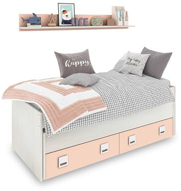 duehome | Cama Doble + 2 cajones y Estante, Modelo Kenia, Acabado en Blanco Alpes y Rosa Pastel, Medidas: 199 cm (Largo) x 96 cm (Ancho) x 69 cm (Alto)