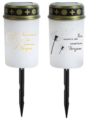 2 Stück Grablaterne Solar, LED Grablicht Trauerkerzen Mit Motiv, Grablicht Solar Wetterfest Mit Erdspieß, Grableuchte Für Den Außenbereich, Friedhofskerze (Weißes Licht)