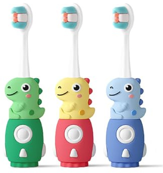 Vonmerie 3 pezzi Dino Spazzolino da denti per bambini | Divertente spazzolino da denti dinosauro | Setole morbide per ragazze e ragazzi 0-6 anni (blu e verde e rosso/testa ultrasonica)