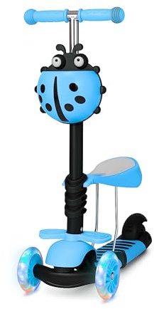 ADEPTNA 3-in-1 Kids Scooter with Removable Seat Adjustable Handlebar, LED Flashing Wheels, & Anti-Slip Pedal Lean-to-Steer Kick Scooter Toddlers Girls Ages 2-11 Years Sturdy 3-Wheel Design (BLUE)