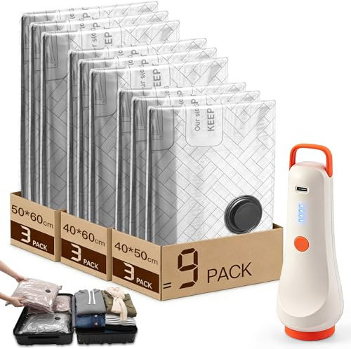 Sacchetti Sottovuoto Vestiti da Viaggio Con Pompa Senza Fili, 9 Pezzi Buste Sacchi Sotto Vuoto Vestiti(3*40x50cm,3*40x60cm,3*50x60cm), Sacco Macchina Aspiratore Kit per Valigia e Domestico Organizer